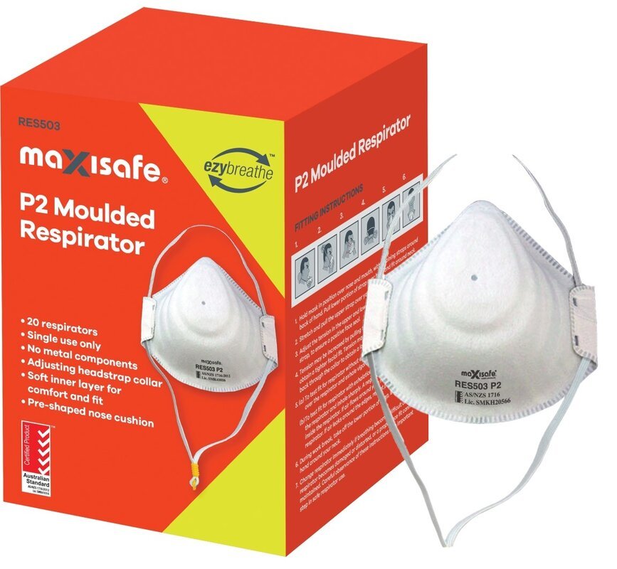 RES503_ P2 Cupped Dust Mask - Side View, P2 Rating for Particle Protection, Soldering, Welding, Grinding, and Sanding, Box of 20 P2 Dust Masks