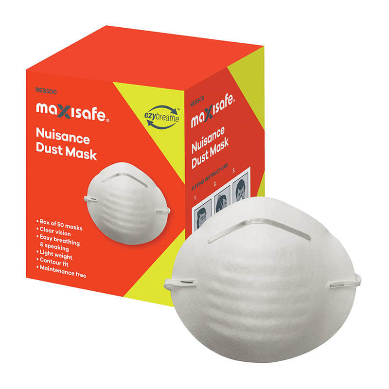 RES500_ Nuisance Dust Mask - Box of 50, Lightweight Hygiene Mask, Aluminium Nose-Piece Dust Mask, MaxiPlug Disposable Earplug, Corded T-Shape Earplugs, High Visibility Corded Earplugs