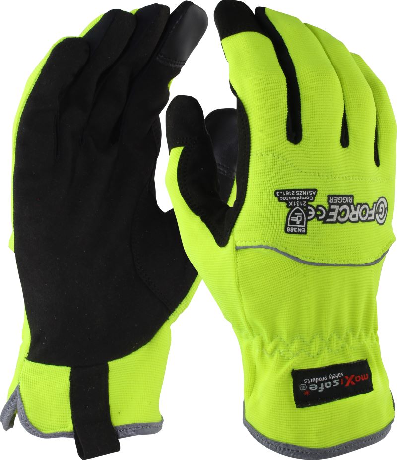 GRS255_ G-Force Hi Vis Synthetic Riggers 255 Glove - Front View, Touchscreen Compatible for Convenience, Ideal for Steel and Metal Handling, Latex Palm Coating for Superior Grip, 13 Gauge Seamless Nylon/Lycra for Dexterity, Excellent Abrasion and Puncture Resistance