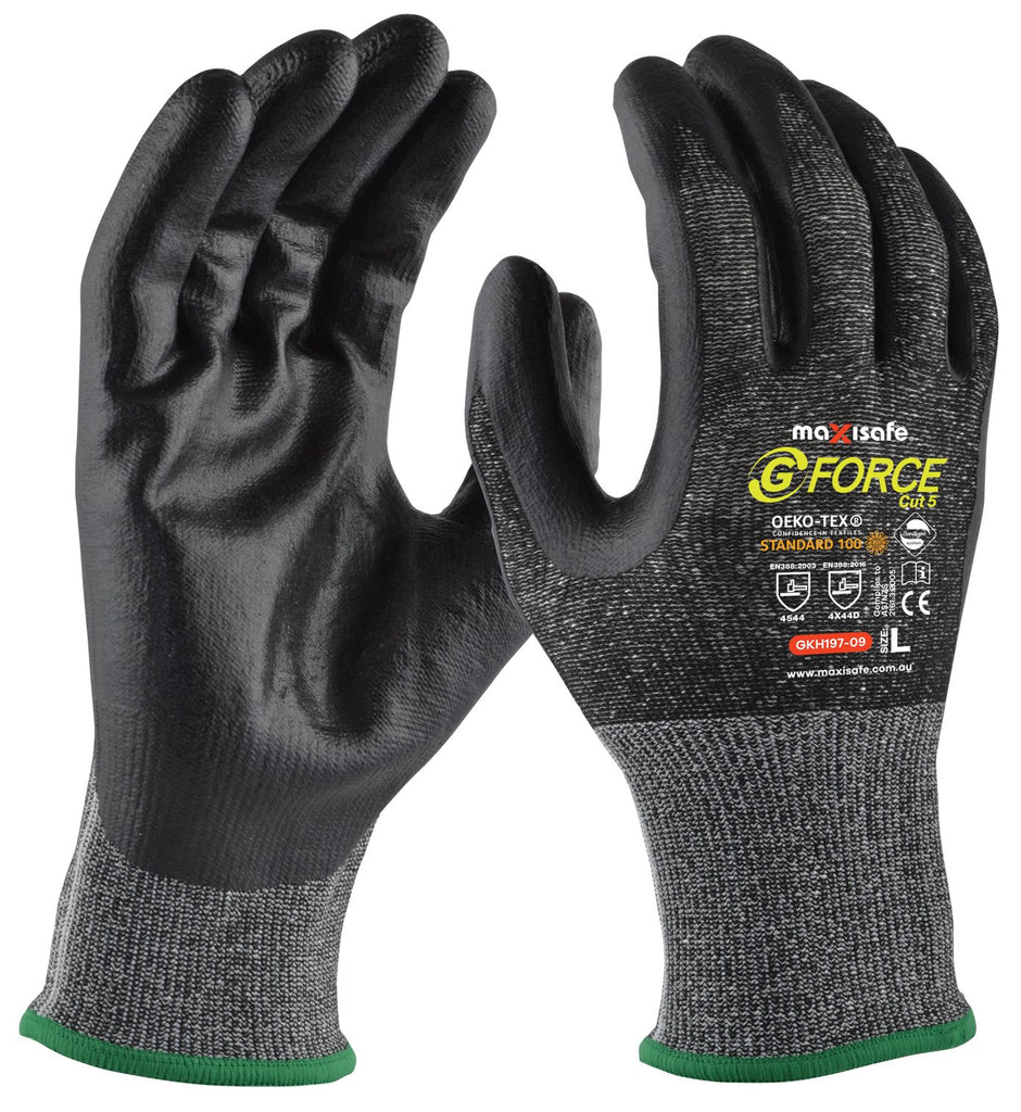 GKH197_ Image of G-Force Cut D Micro Foam NBR Glove, Close-up of Cut-Resistant Black Glove Material, Touch Screen Compatibility Feature, Gripmaster Latex Palm Coating for Enhanced Grip, Glove Usage in Construction Industry, G-Force Glove in Warehouse Logistics 