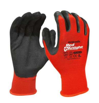 GNL156_ Red Knight Latex Gripmaster Glove - Front View, Touch Screen Compatible Work Glove, High Abrasion and Puncture Resistance, Versatile Glove for Agricultural Applications, Suitable for Construction Industry, Ideal for Refuse Disposal and Recycling, Fully Assembled Glasses with Gasket & Strap, Completely Metal-Free Safety Eyewear