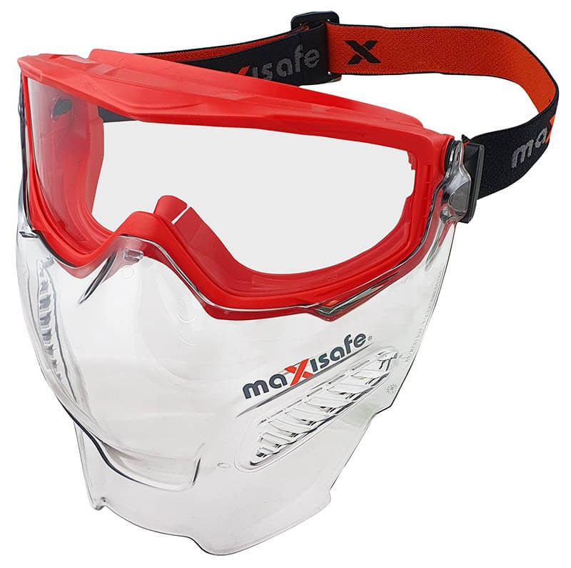 EUV350_ Safety Goggles & Visor Combo - Front View, Wide Peripheral Vision Safety Goggles, Replaceable Cushioned Headband, Safety Goggles & Visor Combo - Side View, Panoramic Lens with UV Protection, Wide Peripheral Vision Safety Goggles 
