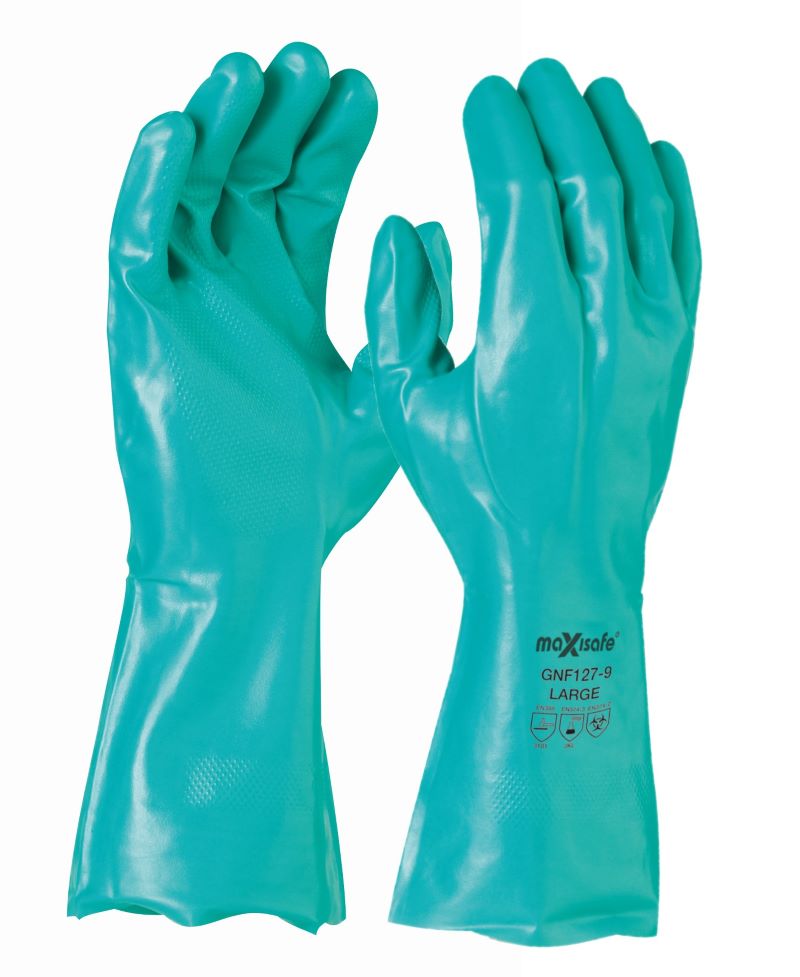 GNF127_ Maxisafe Green Nitrile Chemical Glove - Front View, Nitrile Chemical Glove - Textured Palm, Industrial Work Glove - 33cm Long, Chemical Resistant Glove - Food Safe, Maxisafe Glove for Food Processing