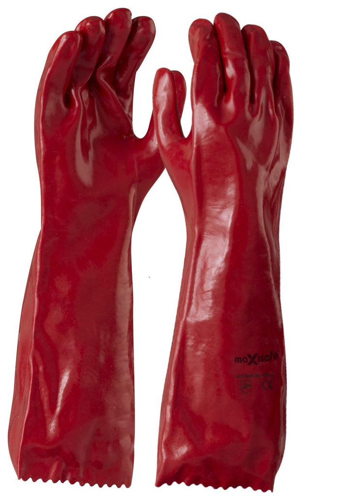 GPR122_ Red PVC Gauntlet Gloves - 45cm for Hand Protection, Cotton Interlocked Liner for Comfort, Resistant to Oil, Grease, and Chemicals, One Size Fits All for Convenience